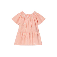 CORAL ORANGE Robe en coton et soie rayée avec col ruché