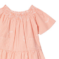 CORAL ORANGE Robe en coton et soie rayée avec col ruché