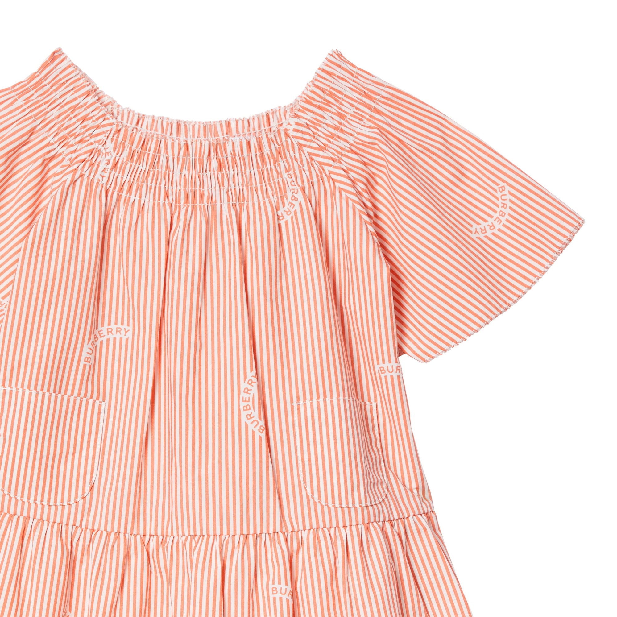 CORAL ORANGE Robe en coton et soie rayée avec col ruché