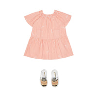 CORAL ORANGE Robe en coton et soie rayée avec col ruché
