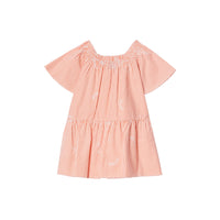 CORAL ORANGE Robe en coton et soie rayée avec col ruché