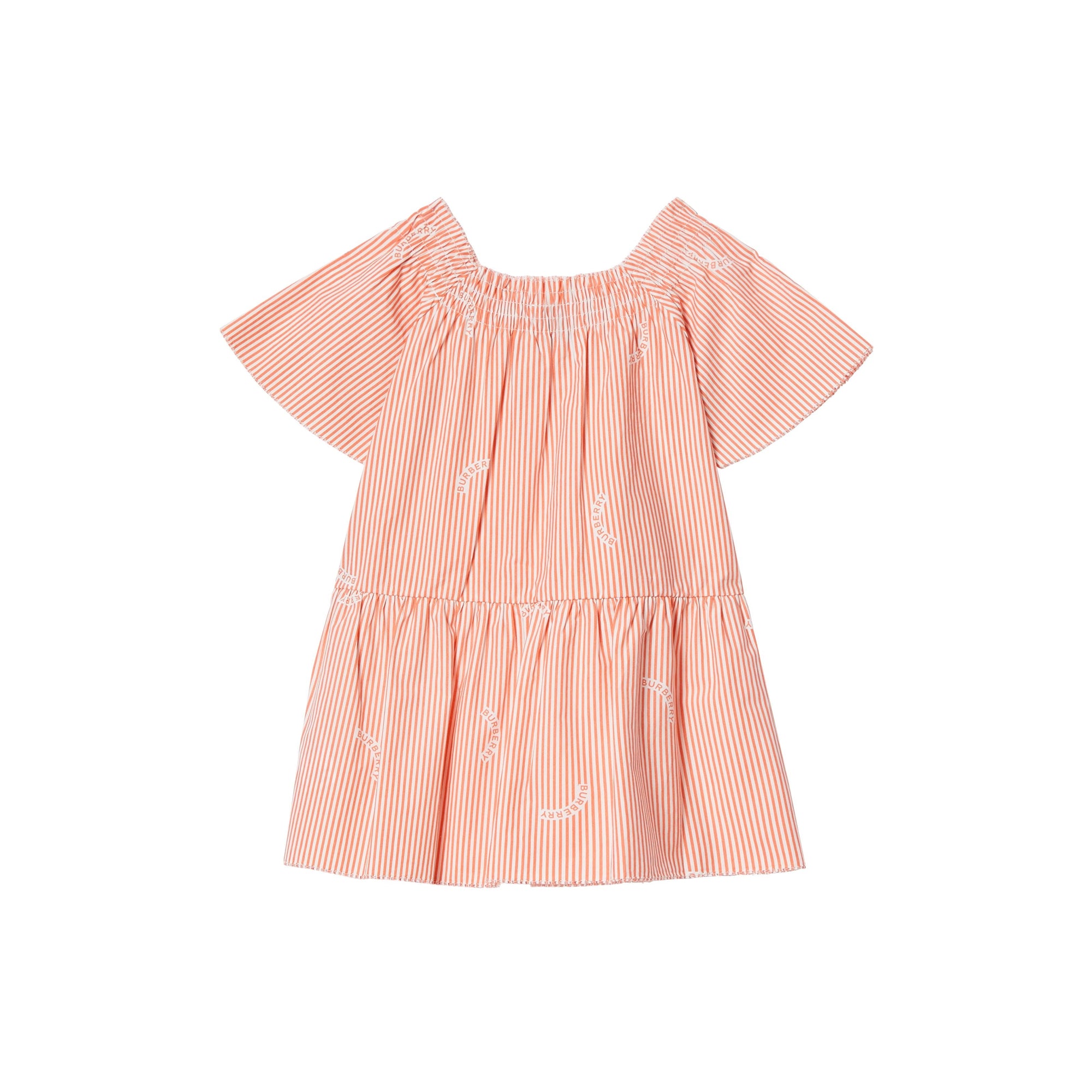 CORAL ORANGE Robe en coton et soie rayée avec col ruché