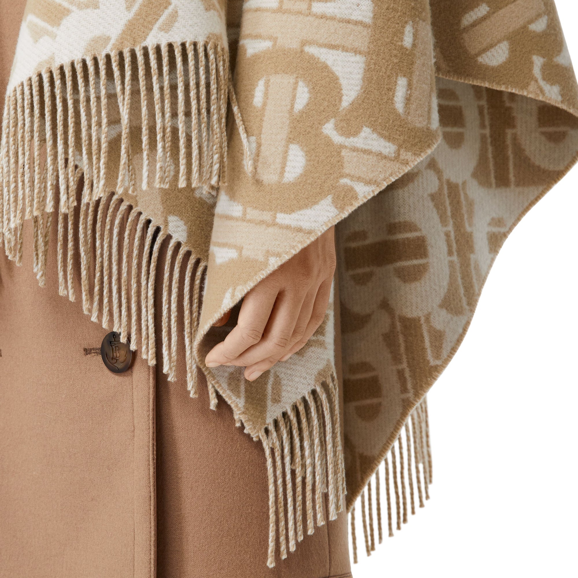 LIGHT SAND Cape en laine mérinos et cachemire tissés en jacquard Monogram