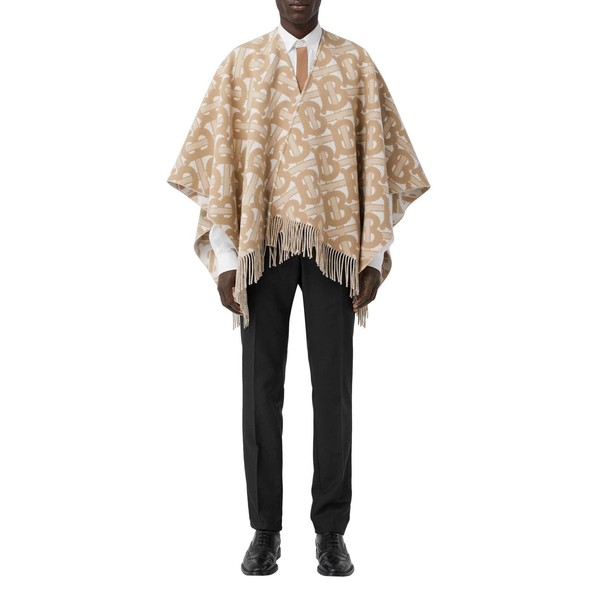 LIGHT SAND Cape en laine mérinos et cachemire tissés en jacquard Monogram