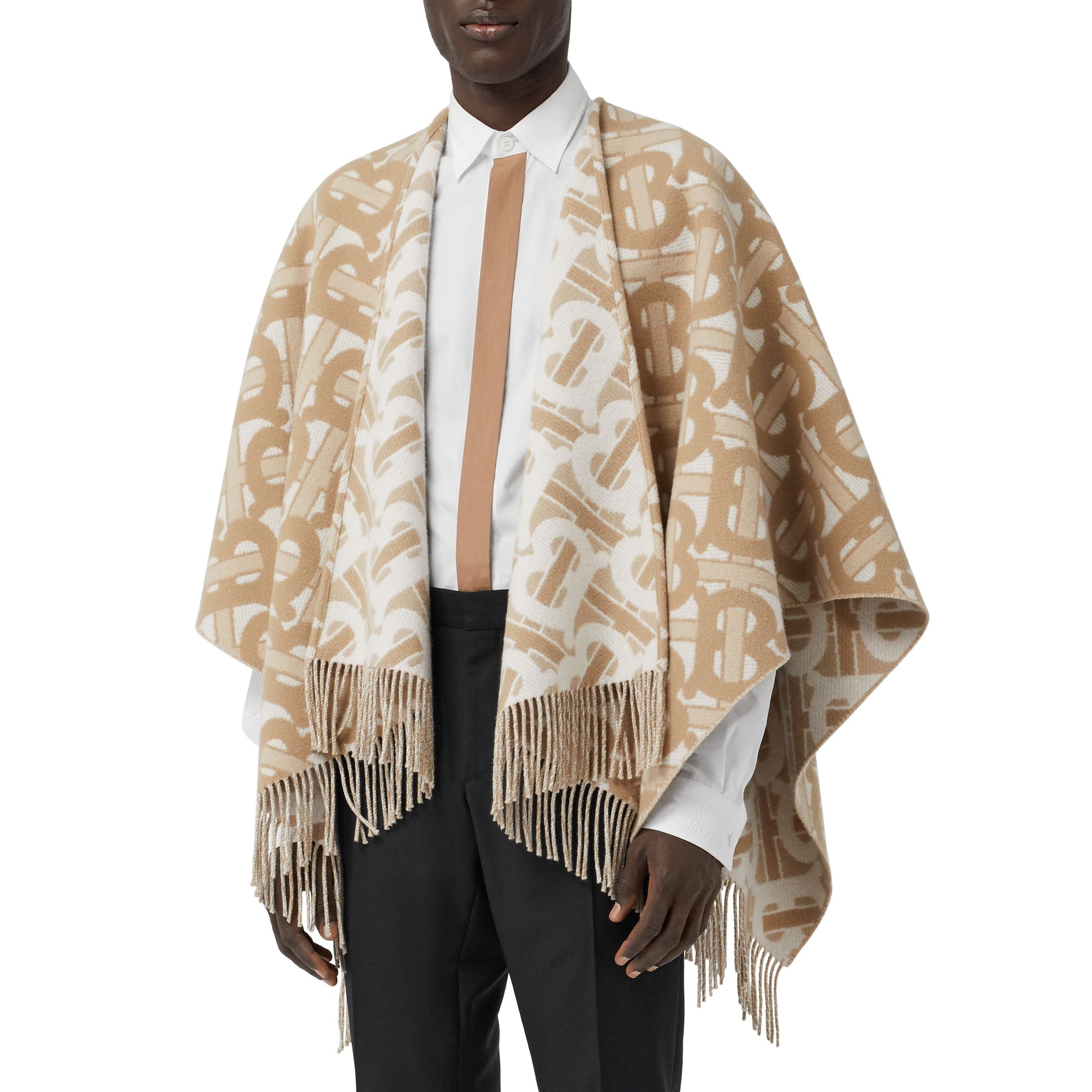 LIGHT SAND Cape en laine mérinos et cachemire tissés en jacquard Monogram