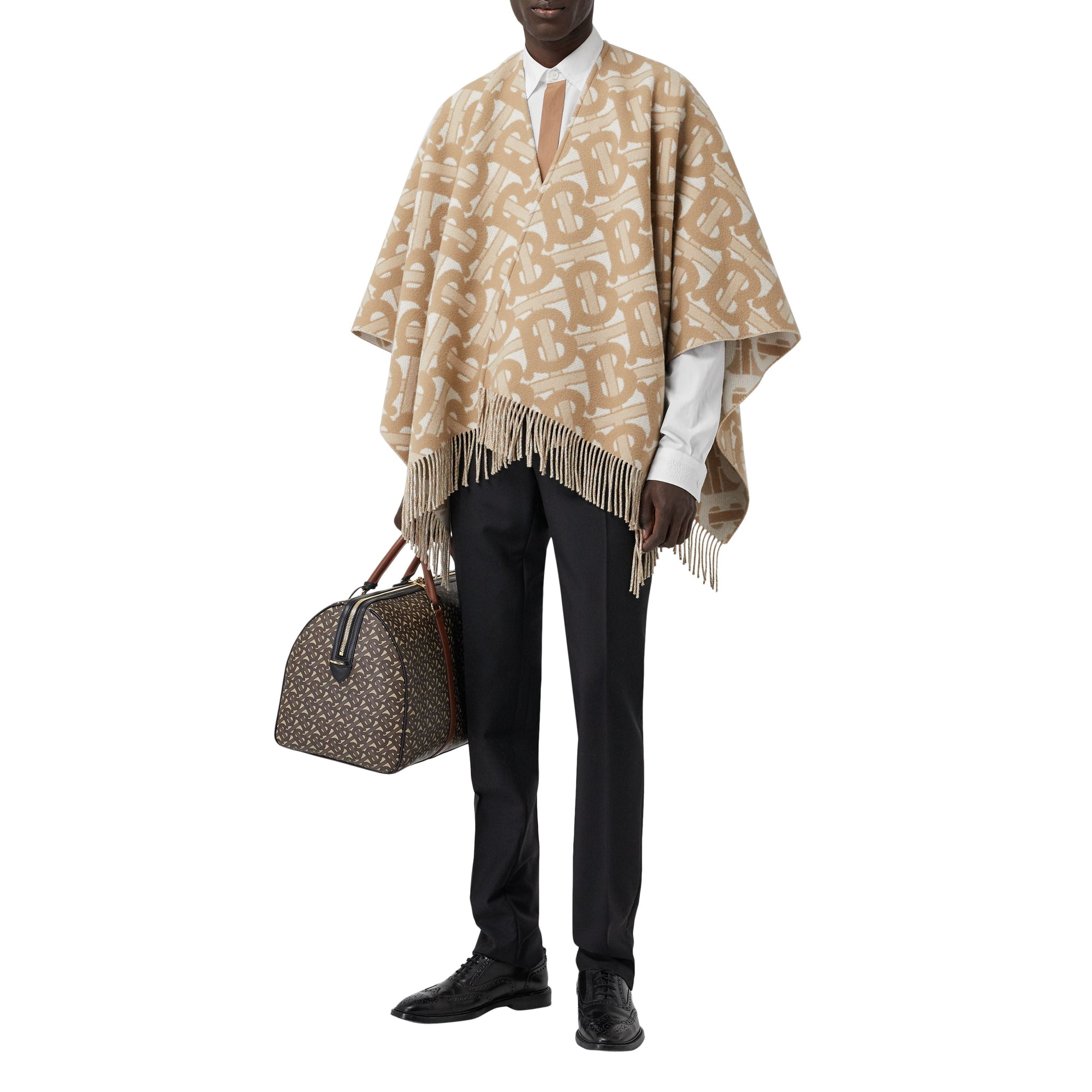 LIGHT SAND Cape en laine mérinos et cachemire tissés en jacquard Monogram