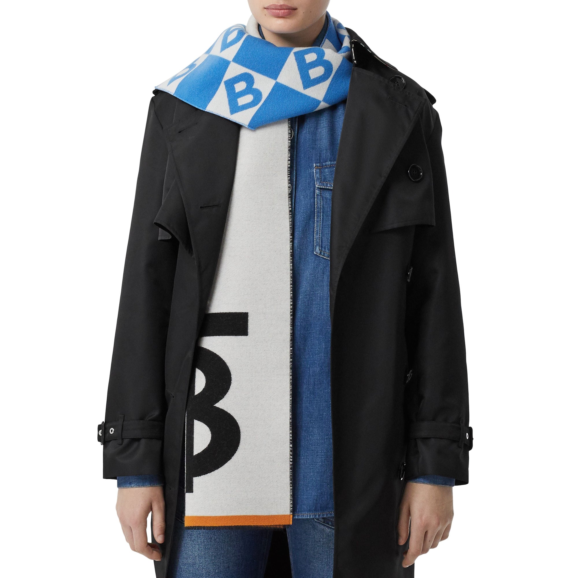 AZURE BLUE Écharpe en laine et soie avec logo en jacquard