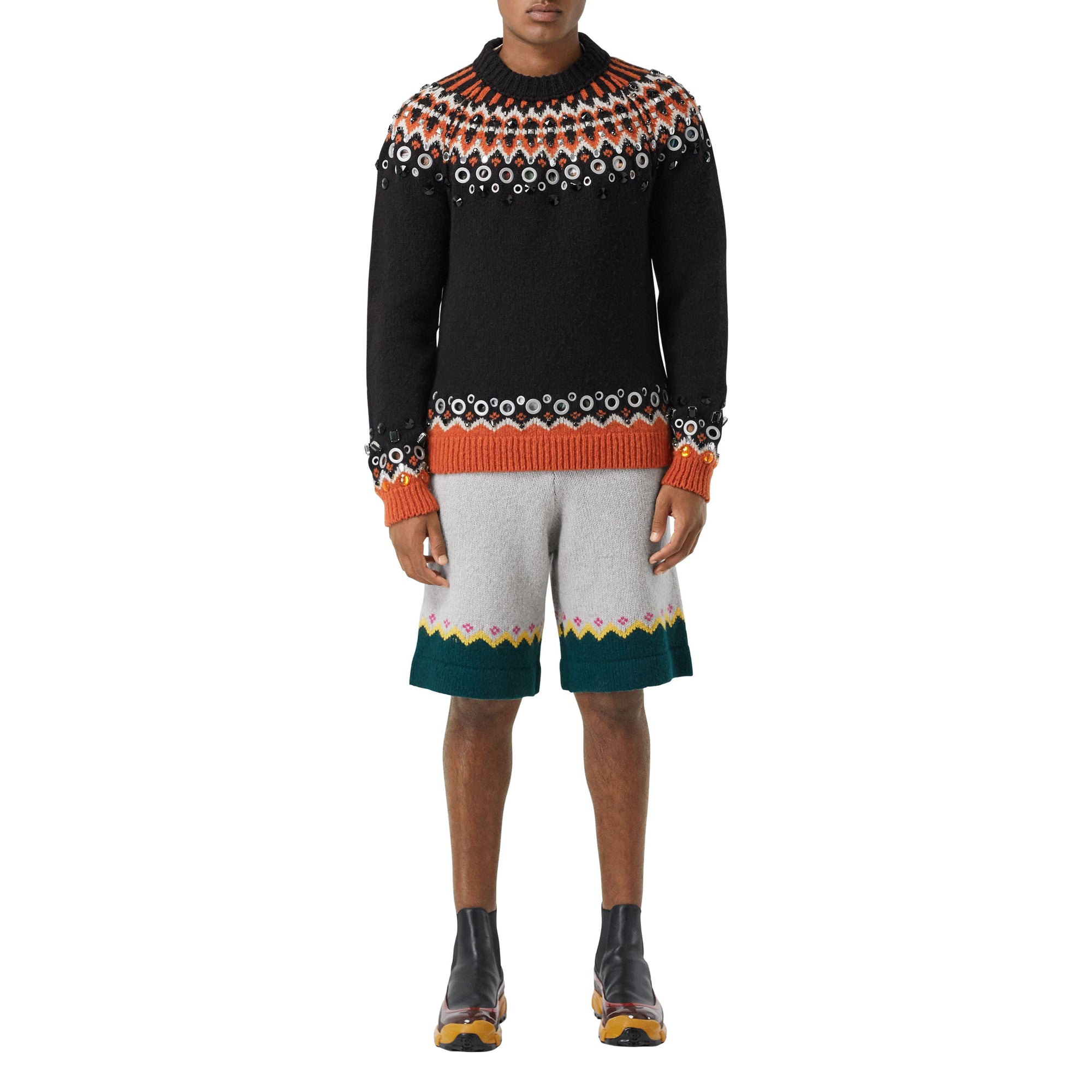 Pull en laine à motif fair isle avec ornements - Noir