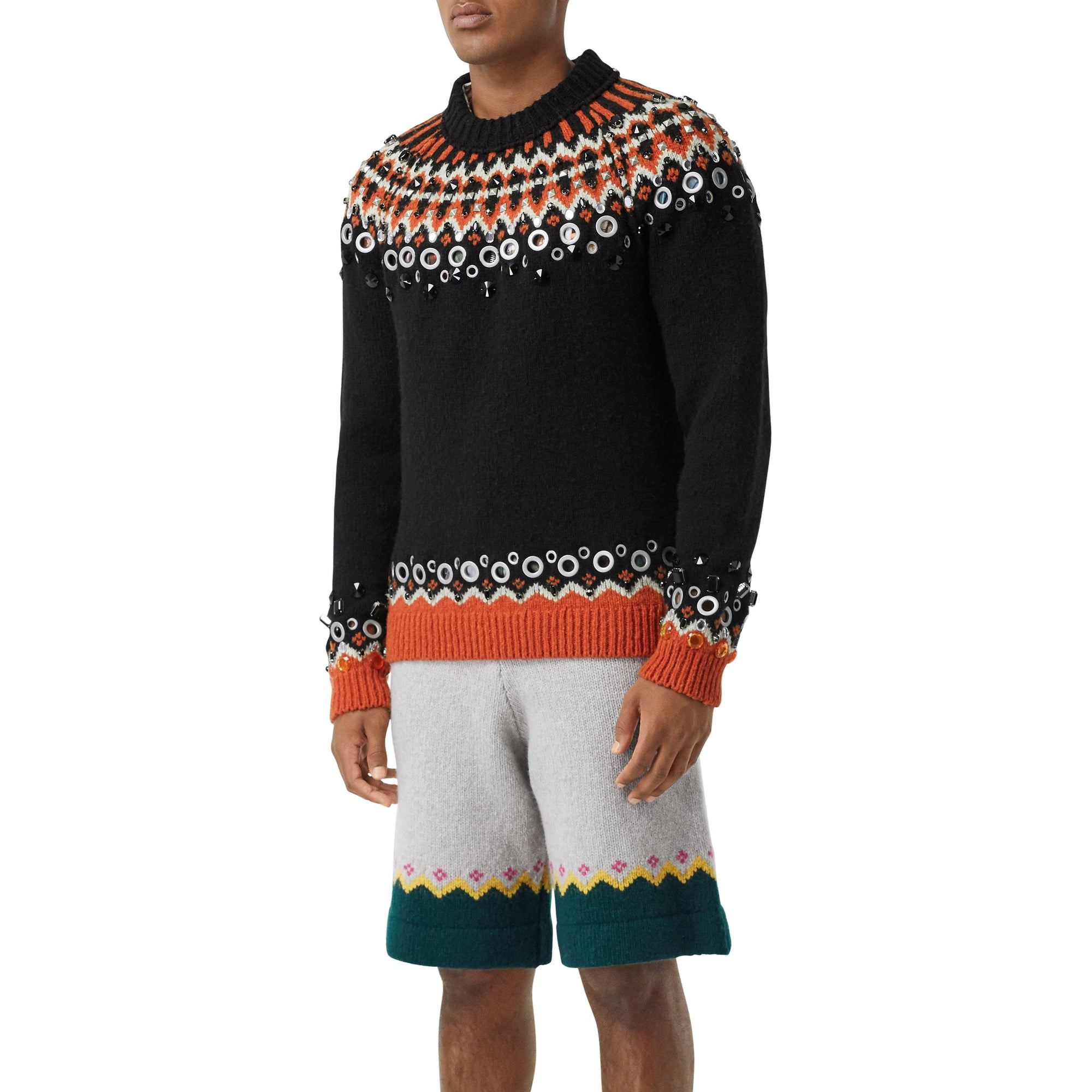 Pull en laine à motif fair isle avec ornements - Noir