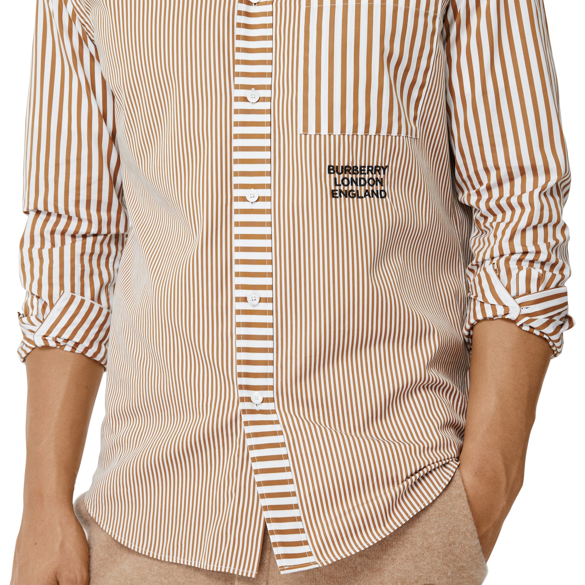 CAMEL STRIPE Chemise en coton rayée façon patchwork avec logo brodé