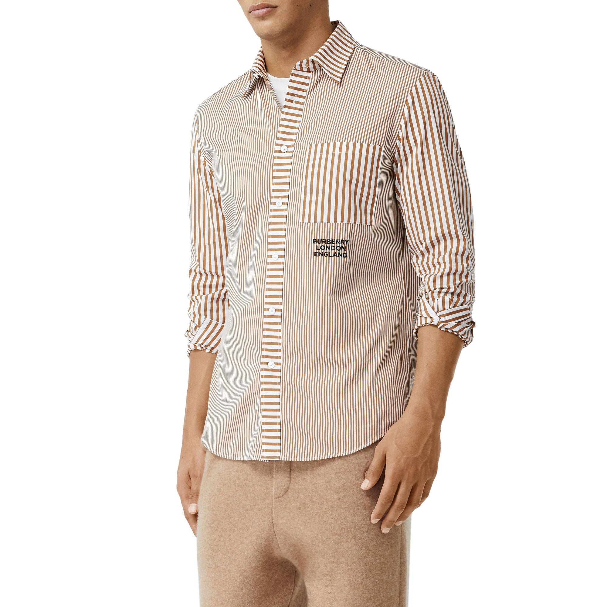 CAMEL STRIPE Chemise en coton rayée façon patchwork avec logo brodé