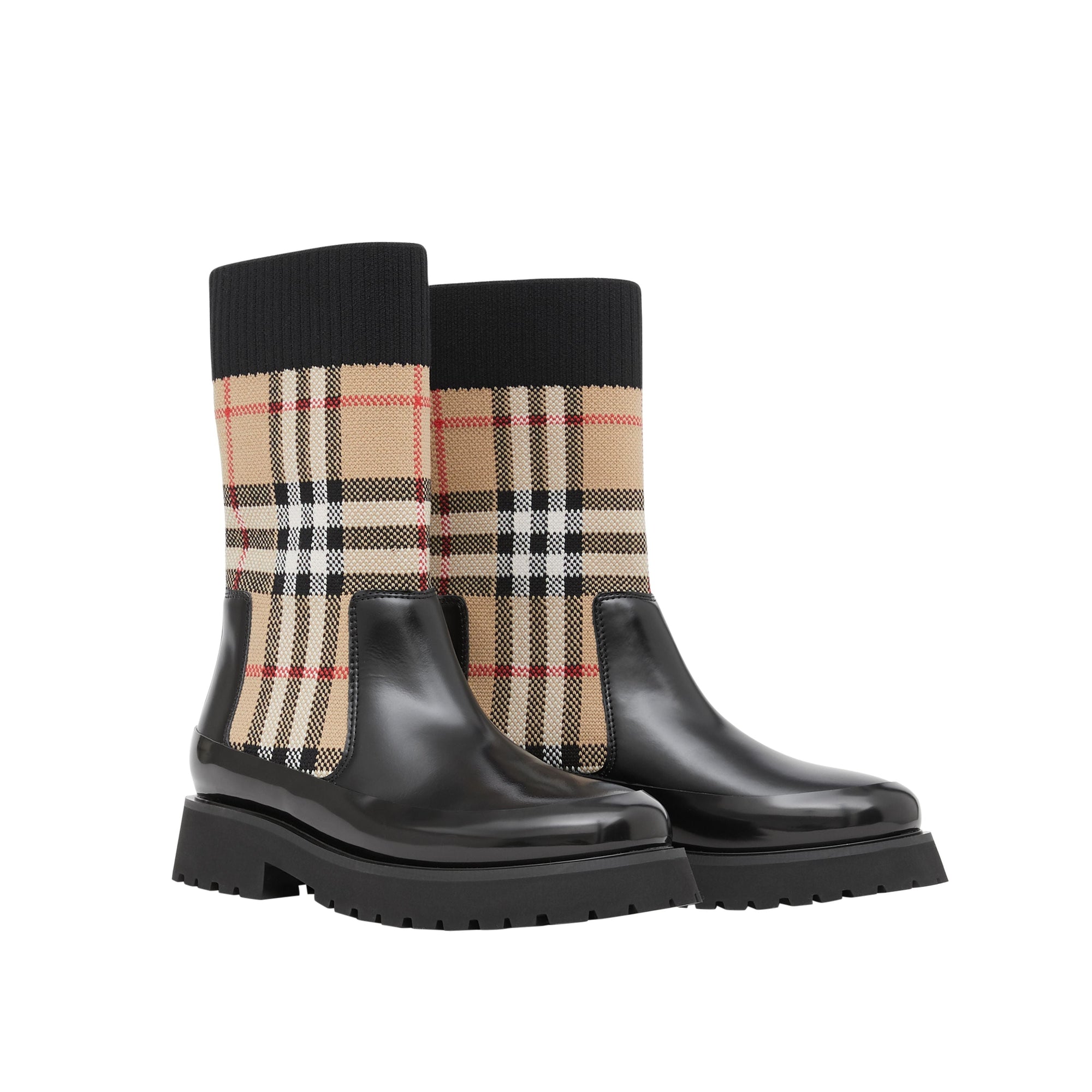 Bottines chelsea en cuir façon chaussettes en maille vintage check - Beige d'archive