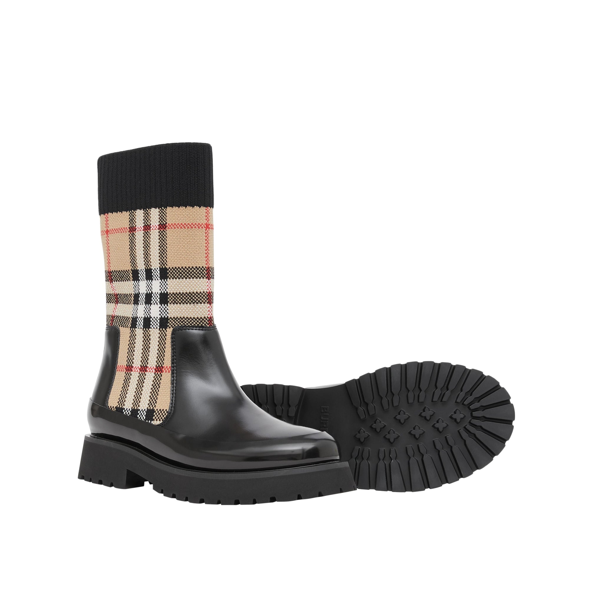 Bottines chelsea en cuir façon chaussettes en maille vintage check - Beige d'archive