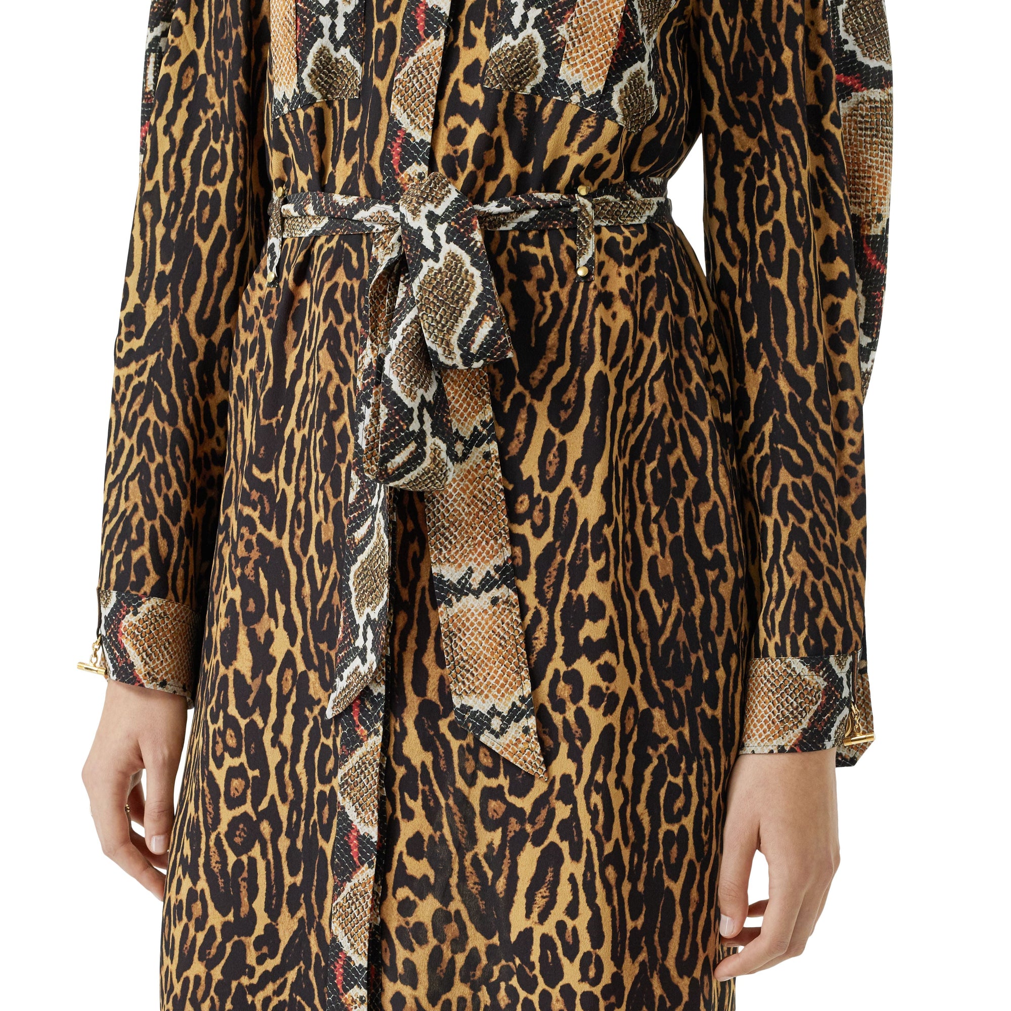 DARK MUSTARD Robe chemise ceinturée à manches cape et imprimé animalier