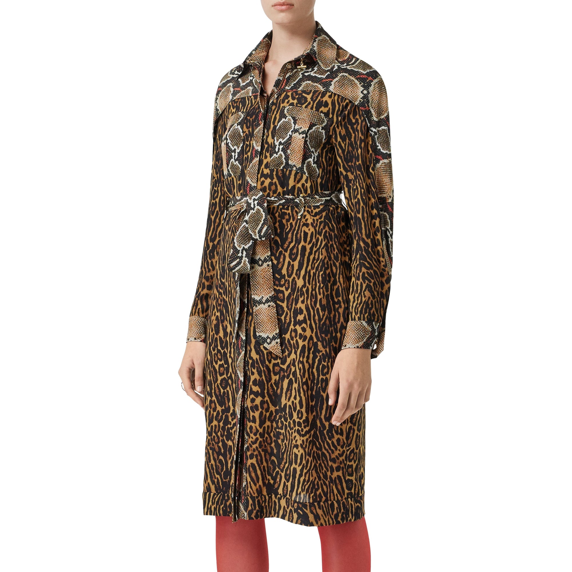 DARK MUSTARD Robe chemise ceinturée à manches cape et imprimé animalier