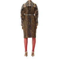 DARK MUSTARD Robe chemise ceinturée à manches cape et imprimé animalier
