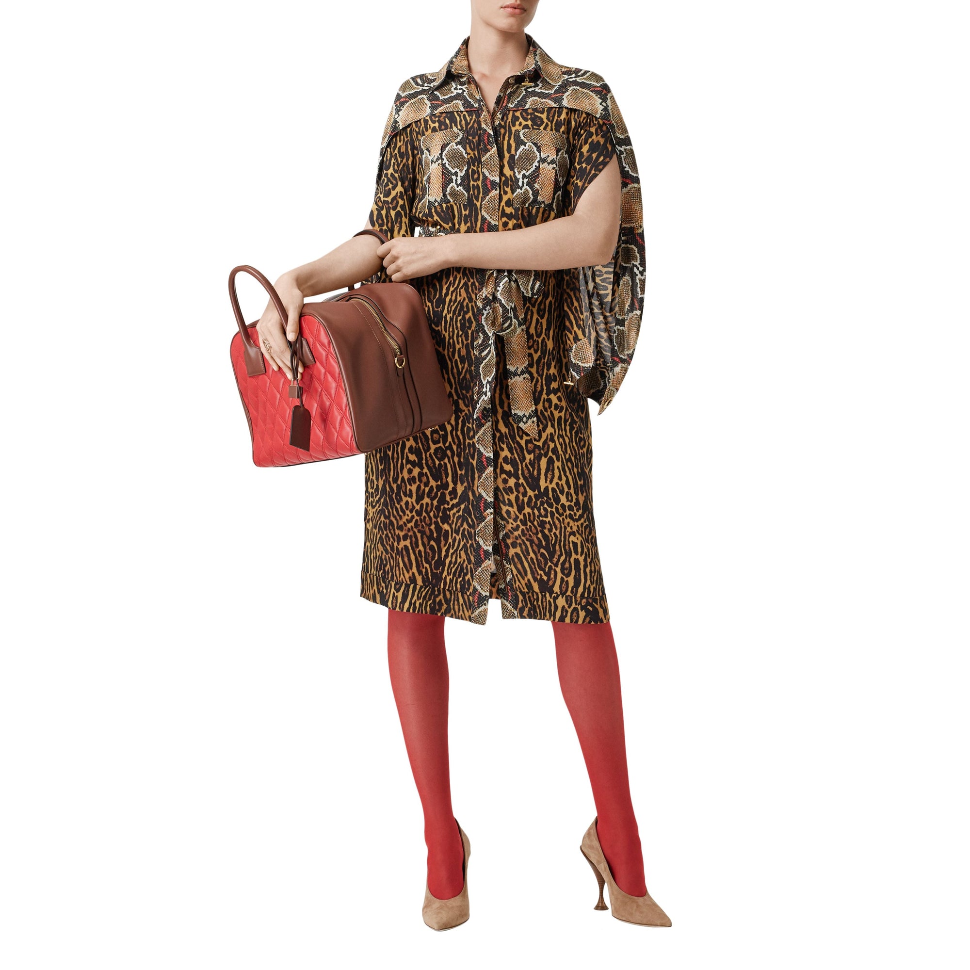 DARK MUSTARD Robe chemise ceinturée à manches cape et imprimé animalier
