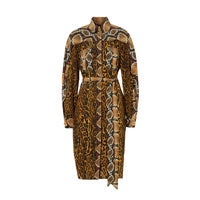 DARK MUSTARD Robe chemise ceinturée à manches cape et imprimé animalier