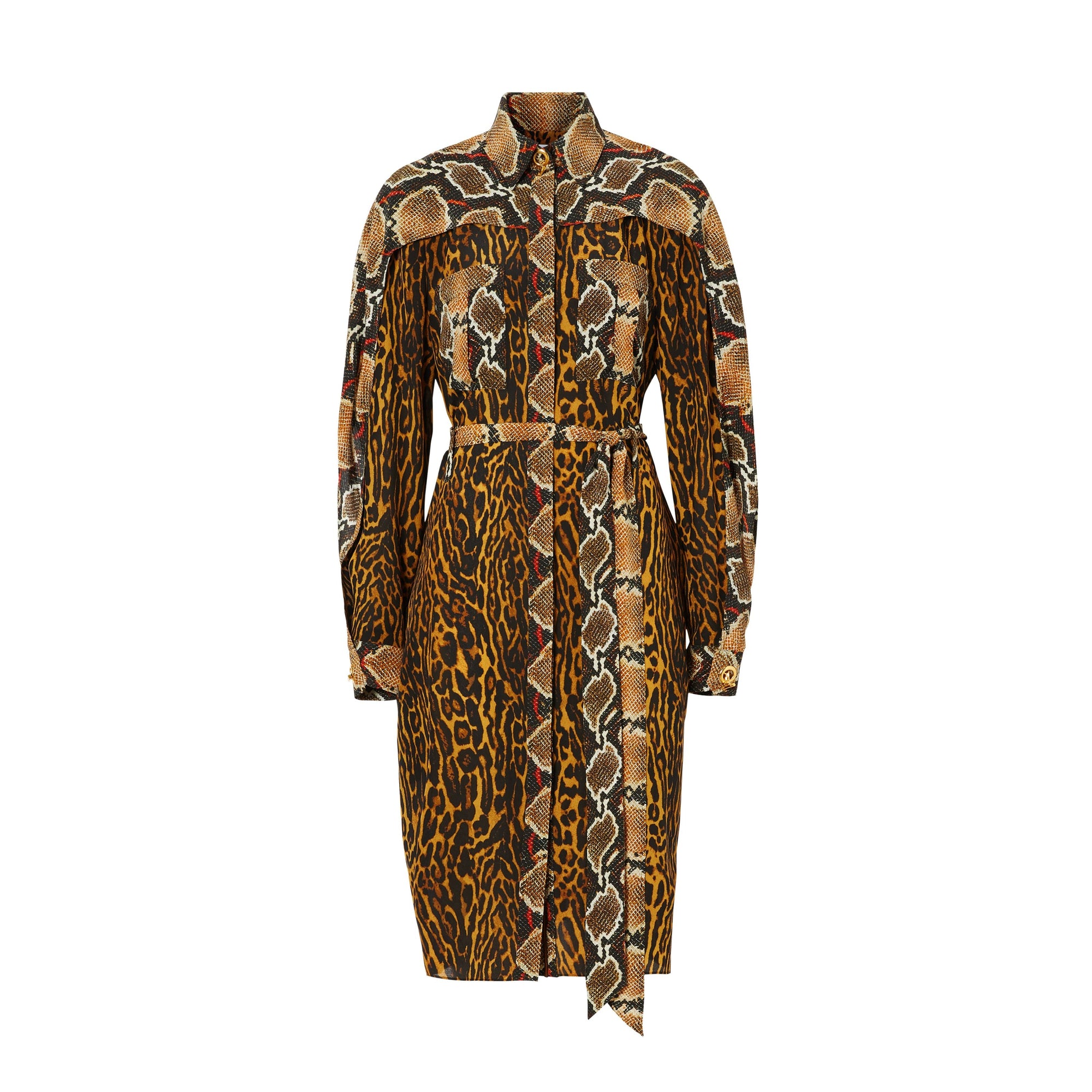 DARK MUSTARD Robe chemise ceinturée à manches cape et imprimé animalier