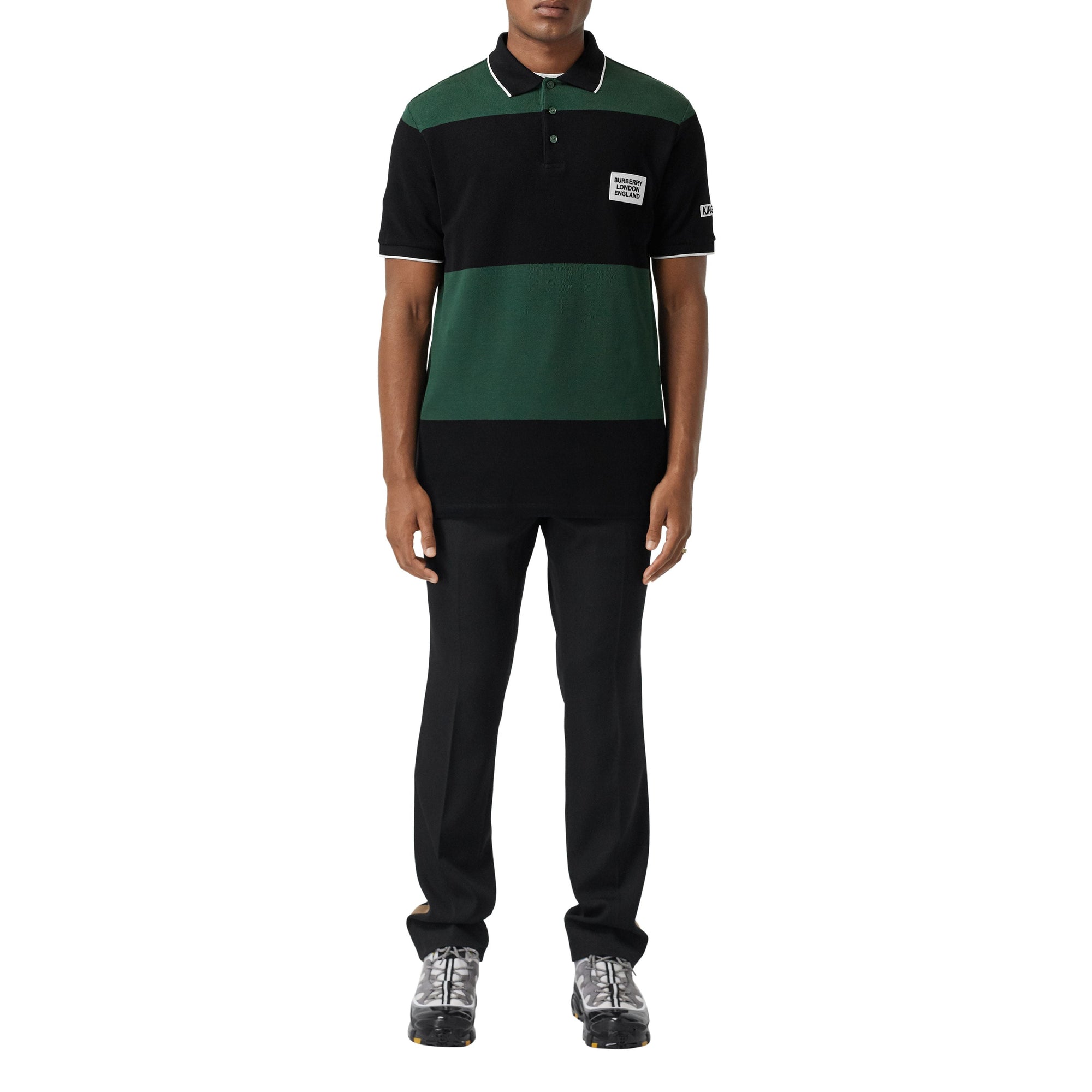 Polo en coton rayé avec logo appliqué - Vert Pin Sombre