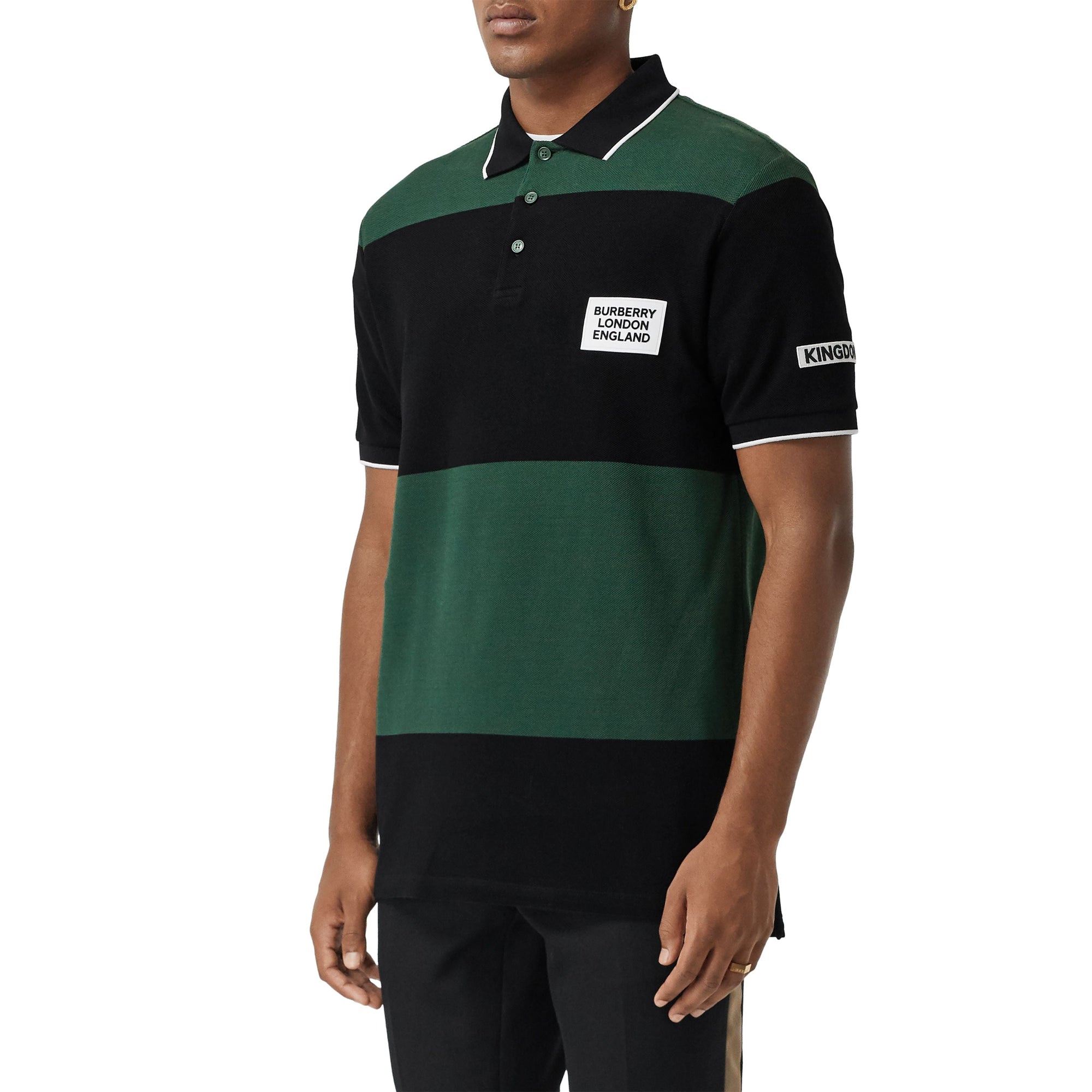 Polo en coton rayé avec logo appliqué - Vert Pin Sombre