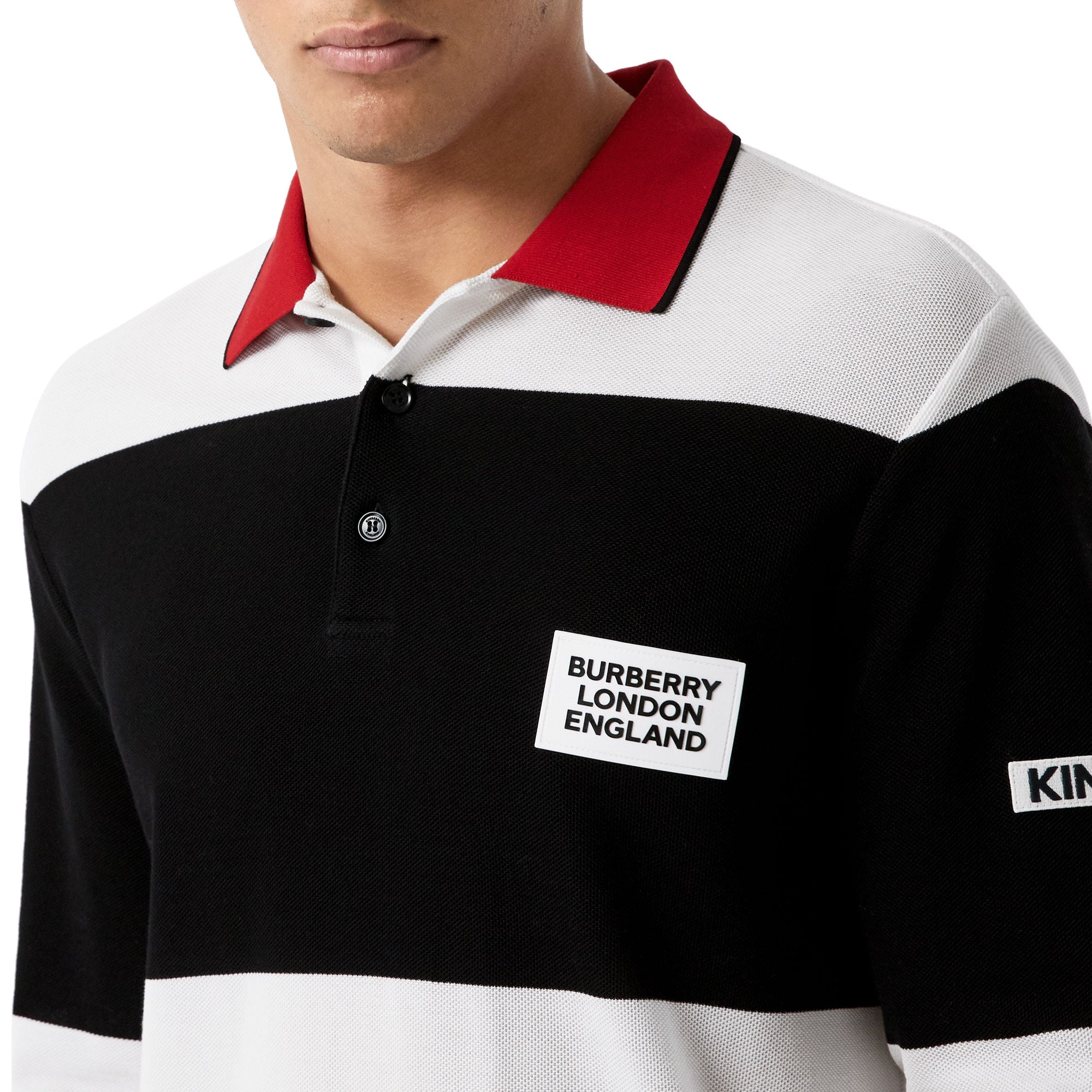 Polo à manches longues en coton rayé avec logo appliqué - Noir & blanc