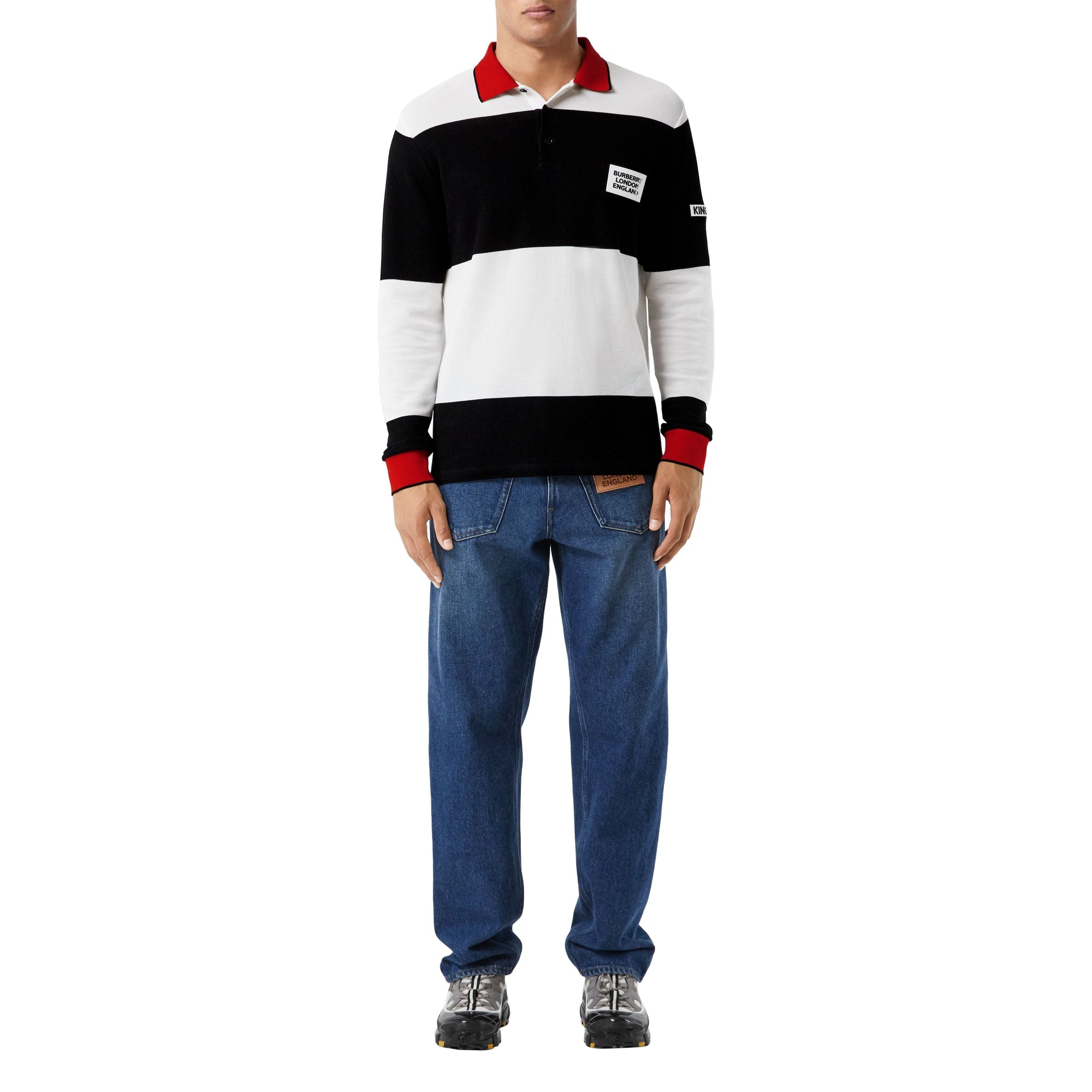 Polo à manches longues en coton rayé avec logo appliqué - Noir & blanc