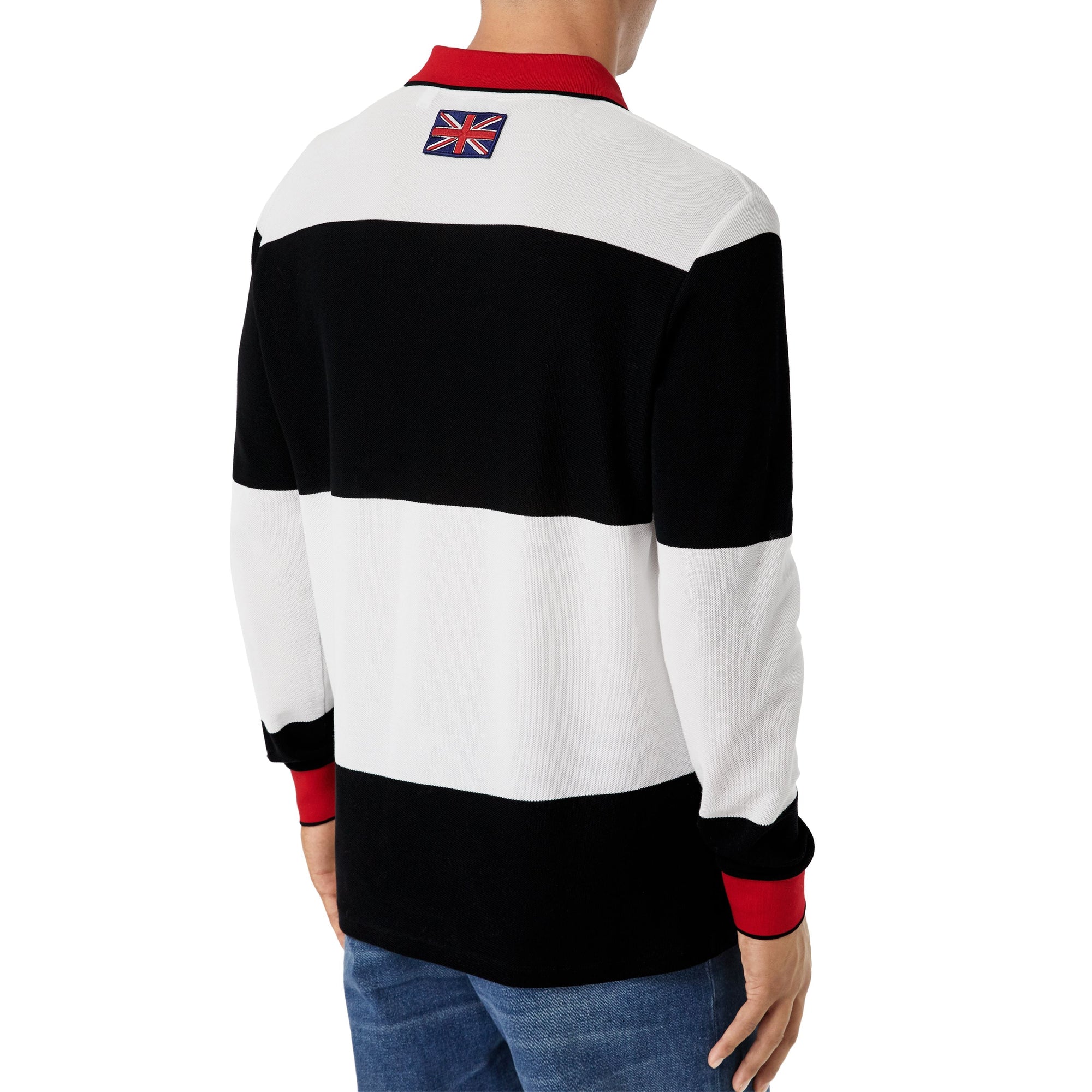 Polo à manches longues en coton rayé avec logo appliqué - Noir & blanc