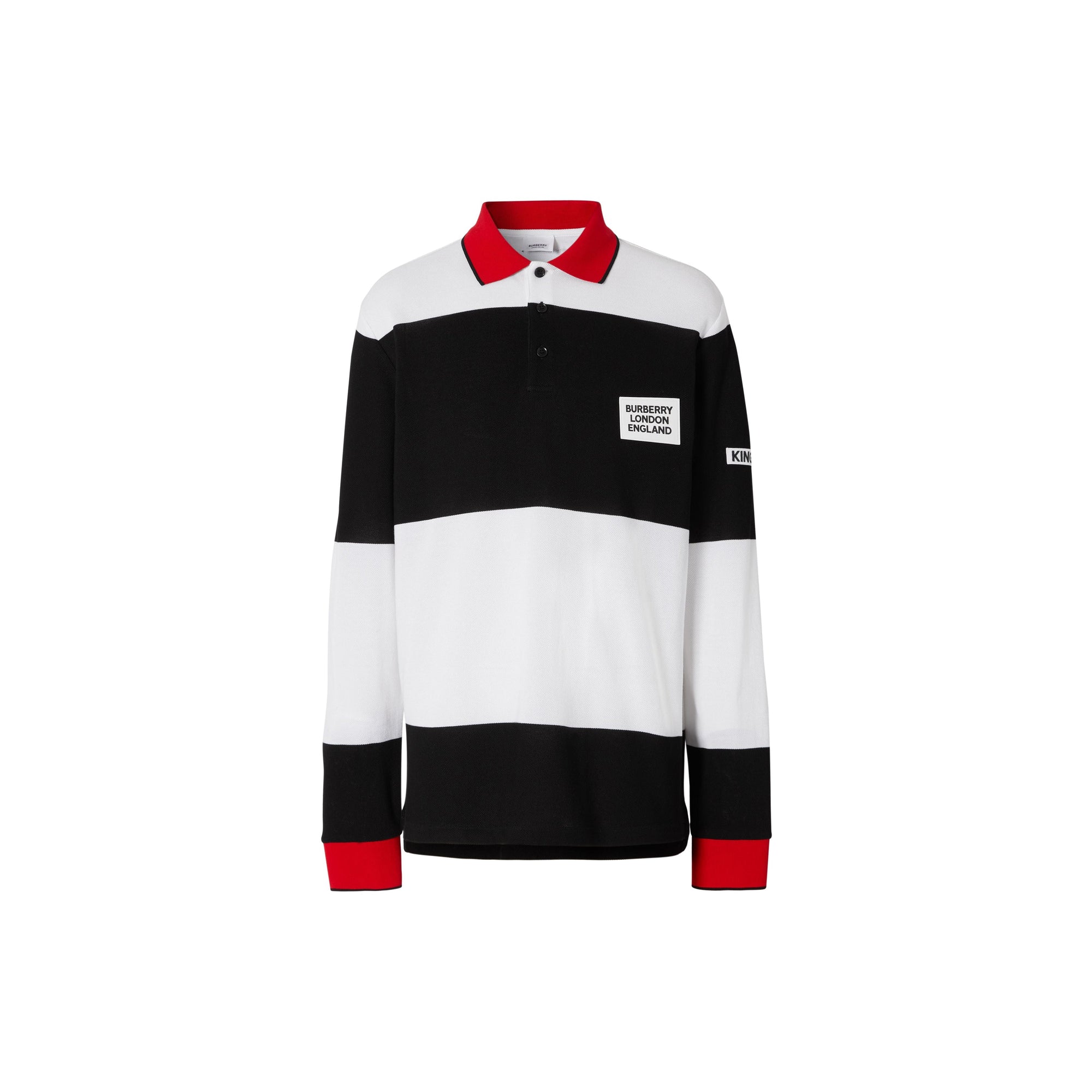 Polo à manches longues en coton rayé avec logo appliqué - Noir & blanc