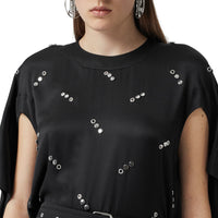 Robe en satin de soie avec manches à découpes et ornements - Noir