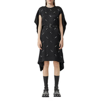 Robe en satin de soie avec manches à découpes et ornements - Noir