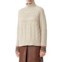 Pull en cachemire à maille torsadée avec rayures iconiques - Blanc naturel