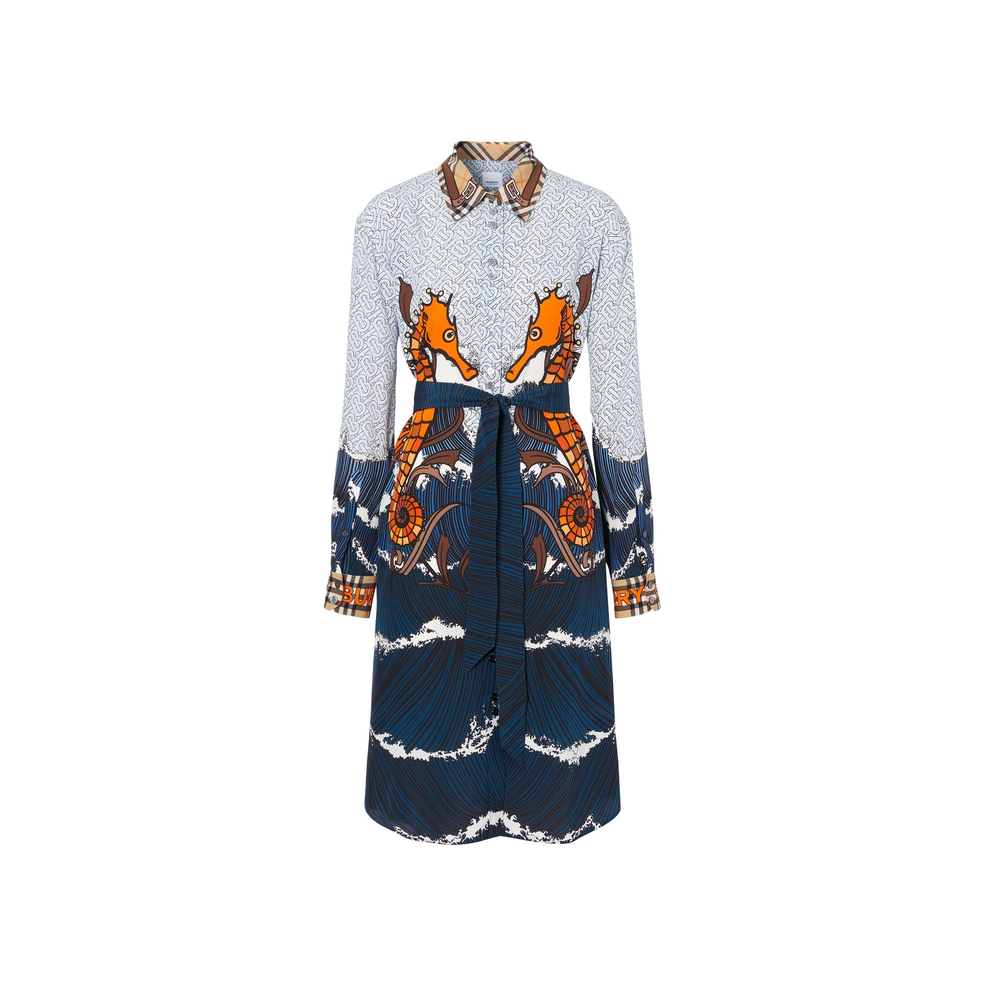 Robe chemise en soie à imprimés monogram et hippocampe - Baby blue