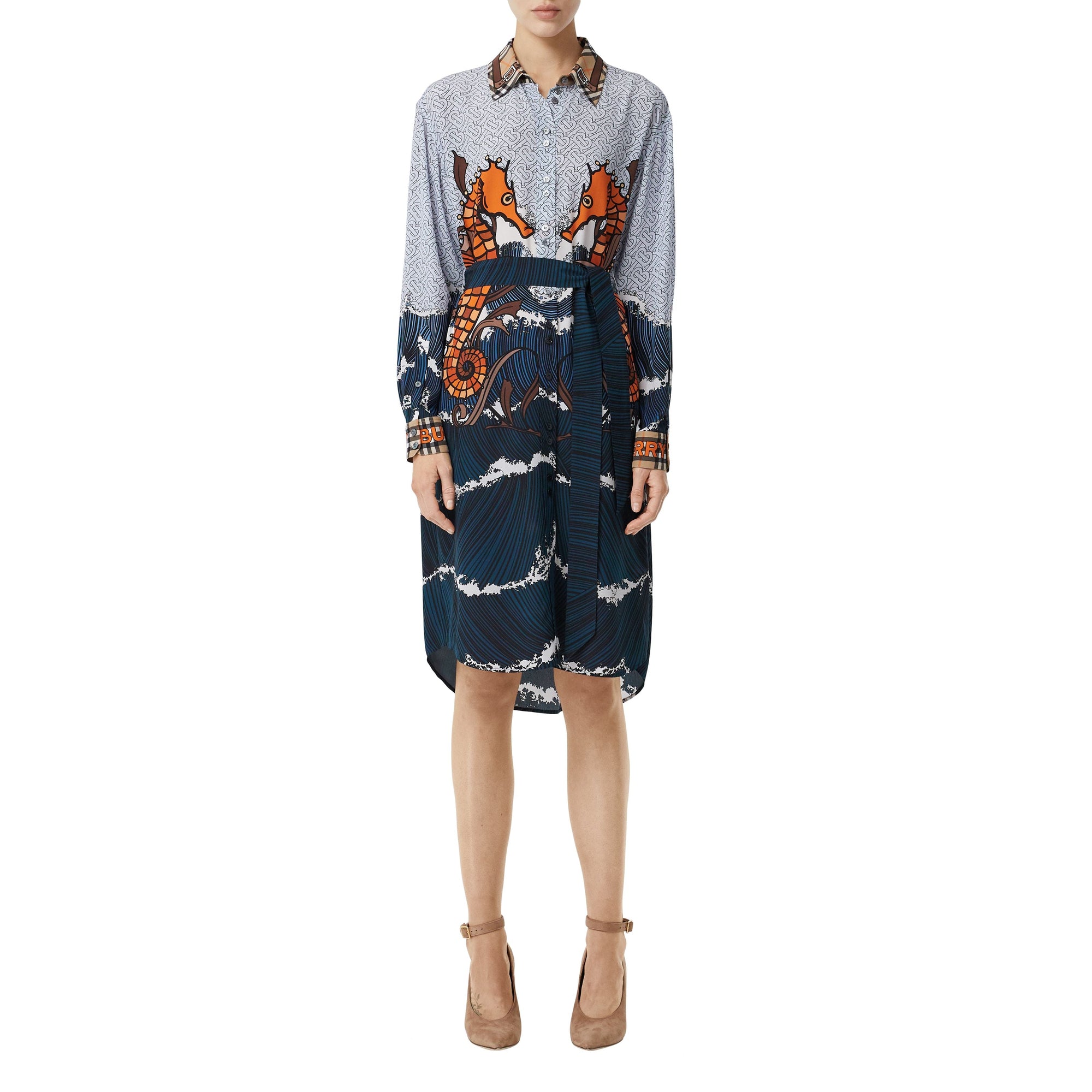 Robe chemise en soie à imprimés monogram et hippocampe - Baby blue