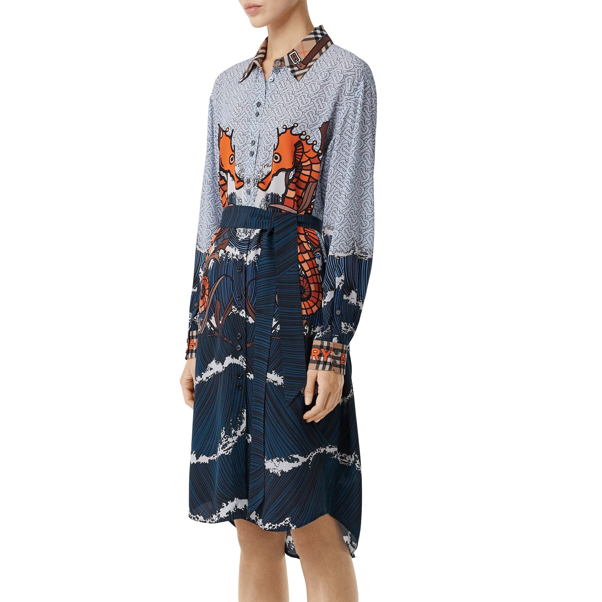 Robe chemise en soie à imprimés monogram et hippocampe - Baby blue