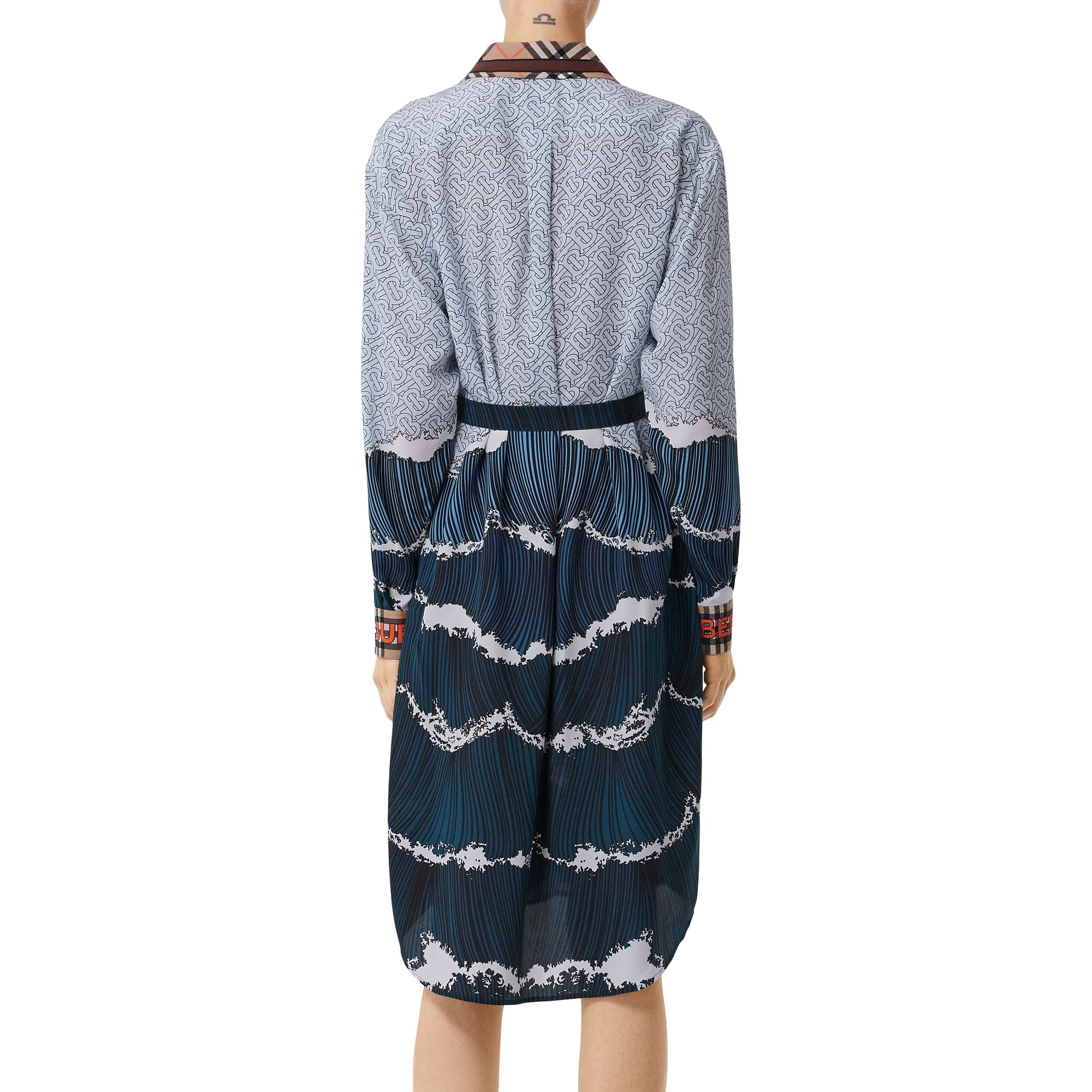 Robe chemise en soie à imprimés monogram et hippocampe - Baby blue