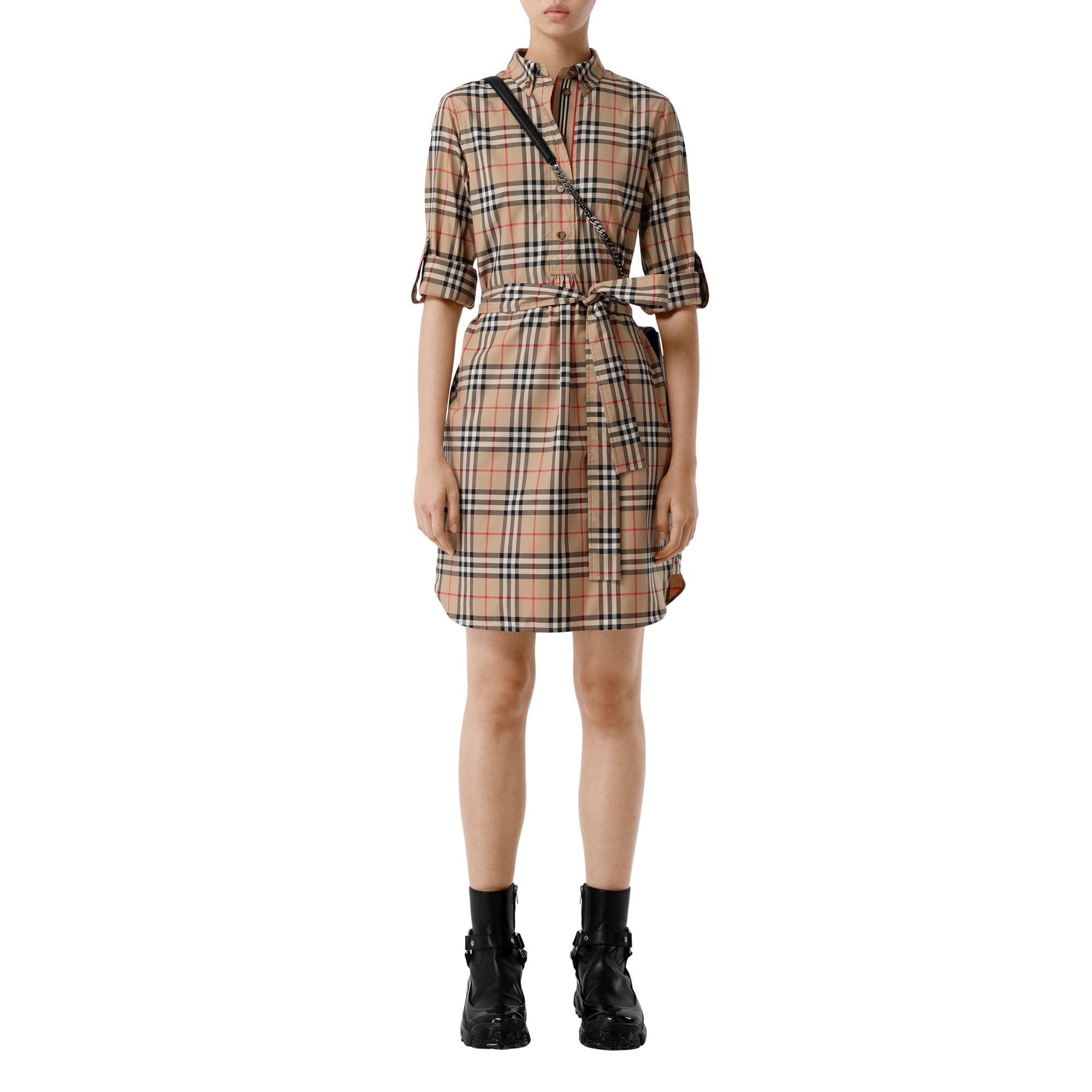 Robe chemise ceinturée en coton stretch Vintage check - Beige d'Archive