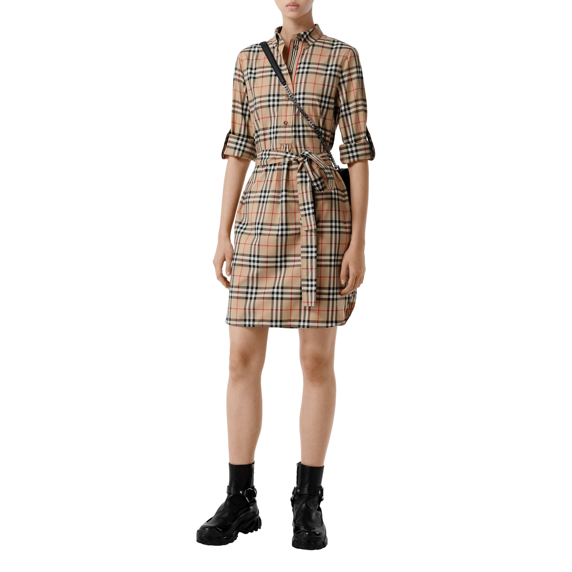 Robe chemise ceinturée en coton stretch Vintage check - Beige d'Archive