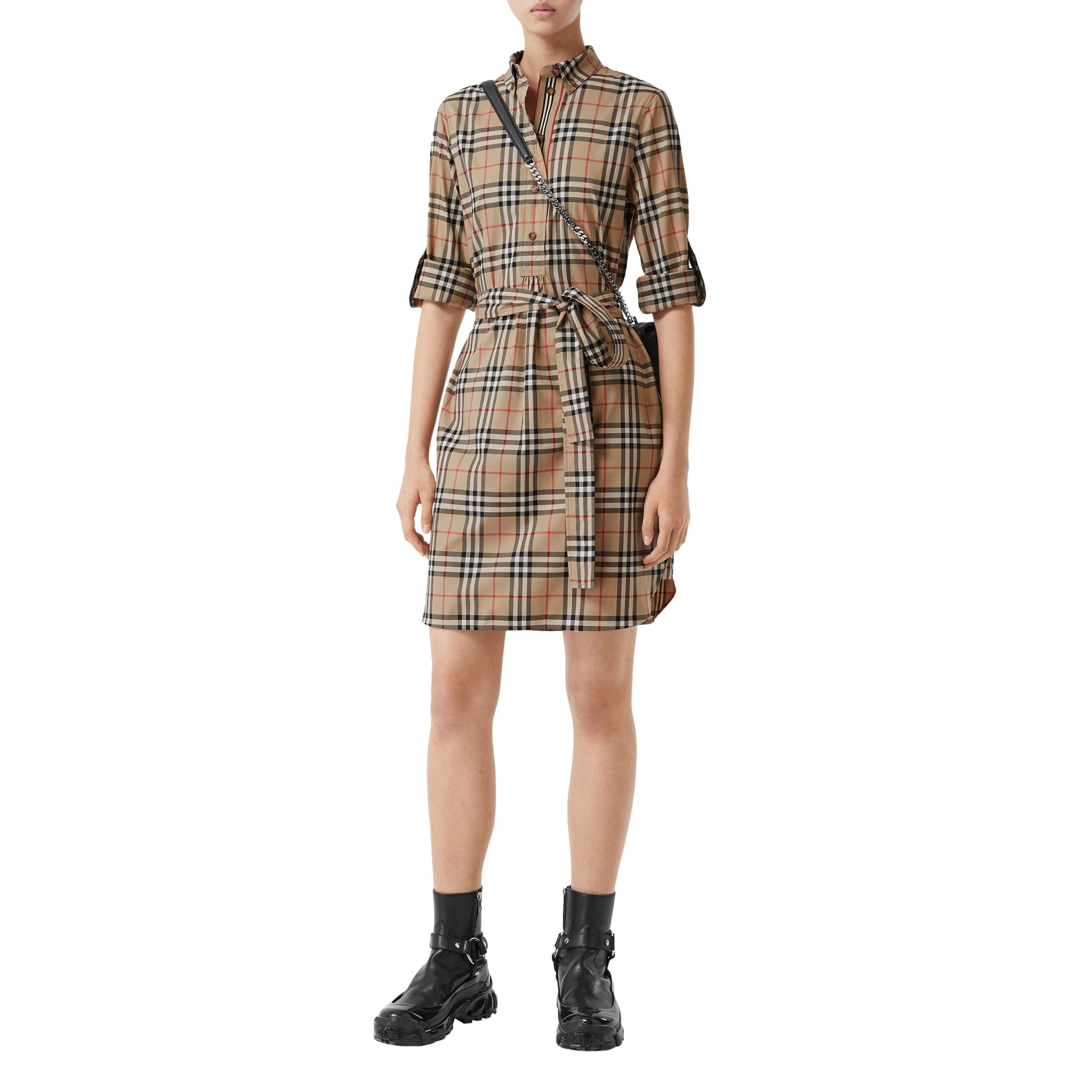 Robe chemise ceinturée en coton stretch Vintage check - Beige d'Archive
