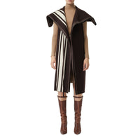 Cape en jacquard de laine avec rayures et cuir d'agneau - Marron