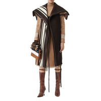 Cape en jacquard de laine avec rayures et cuir d'agneau - Marron