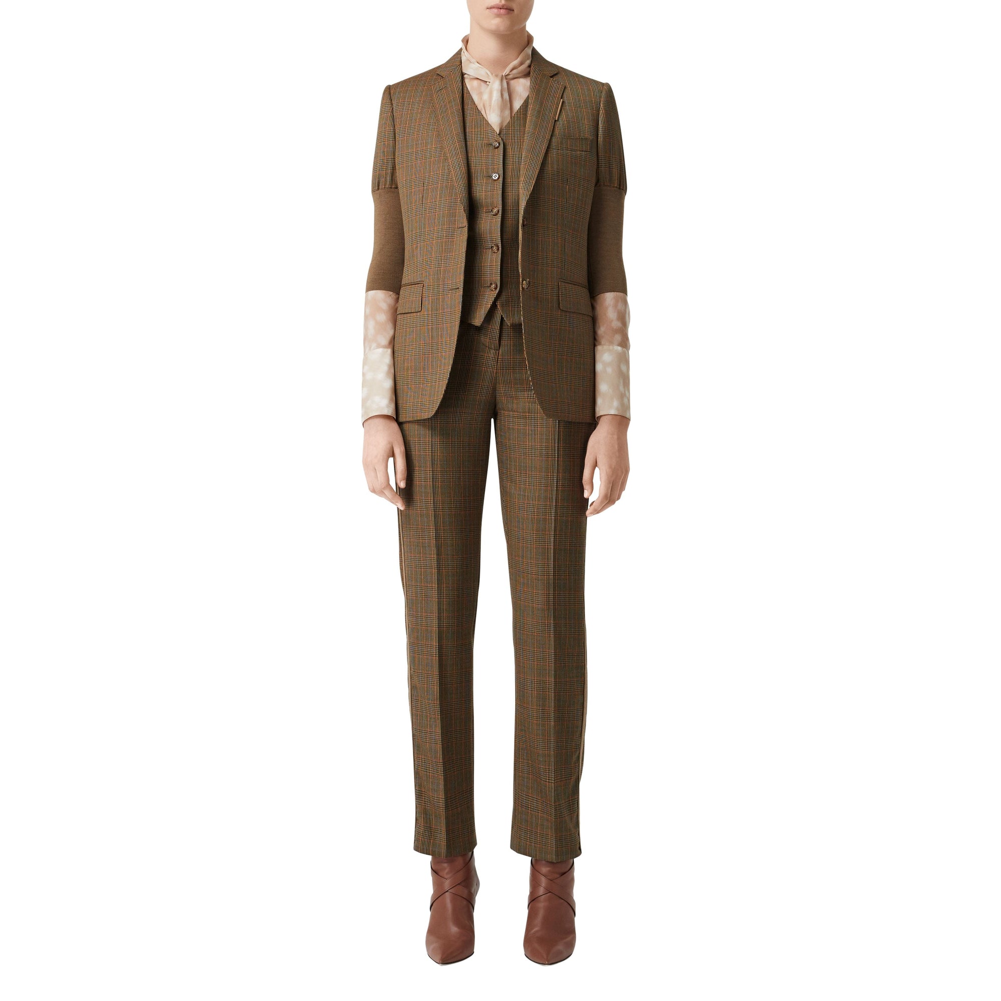 Veste tailleur en laine check et pied-de-poule - Fauve