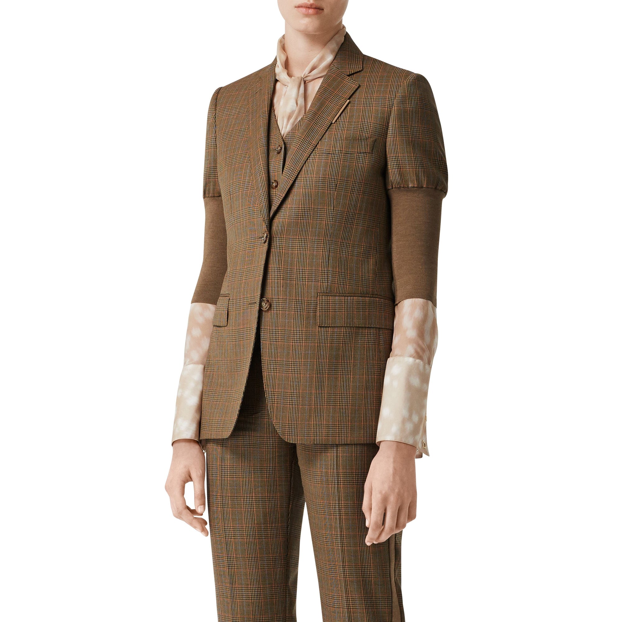 Veste tailleur en laine check et pied-de-poule - Fauve