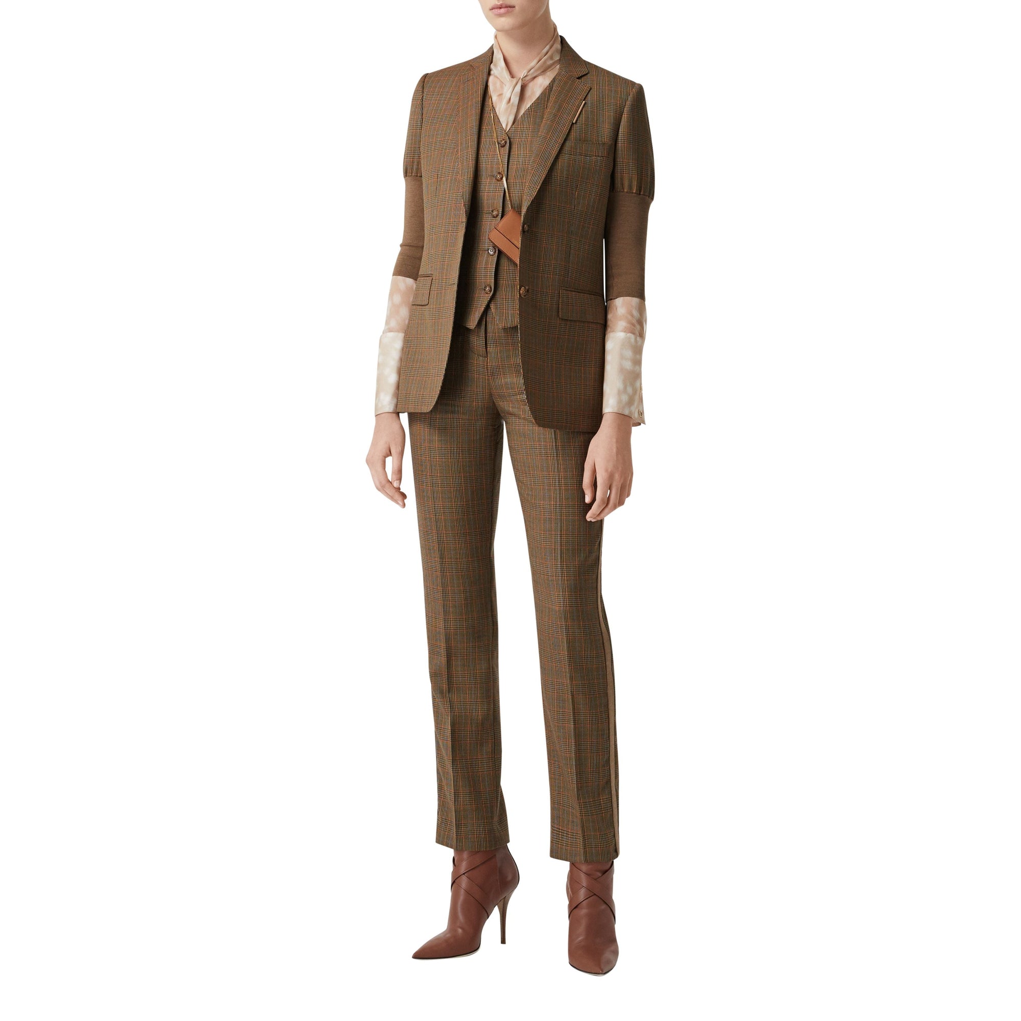 Veste tailleur en laine check et pied-de-poule - Fauve