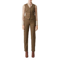 Pantalon de costume en laine check et pied-de-poule à rayures latérales - Fauve