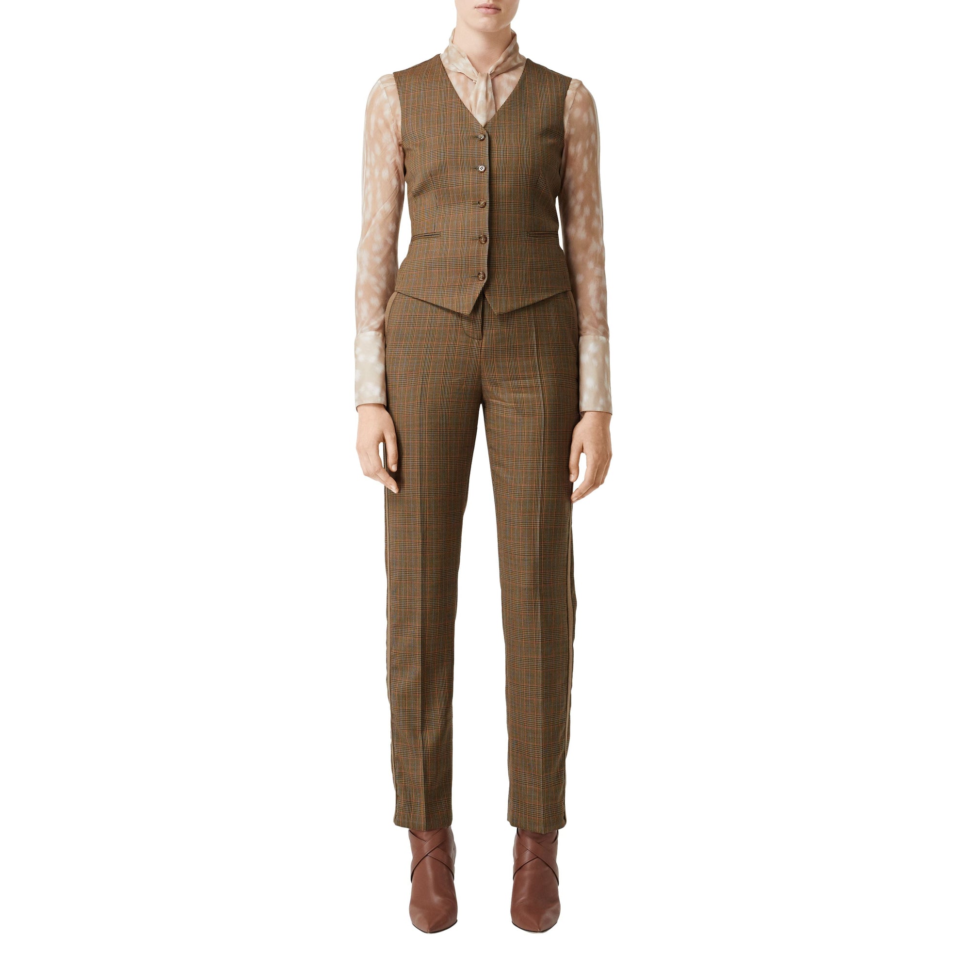 Pantalon de costume en laine check et pied-de-poule à rayures latérales - Fauve