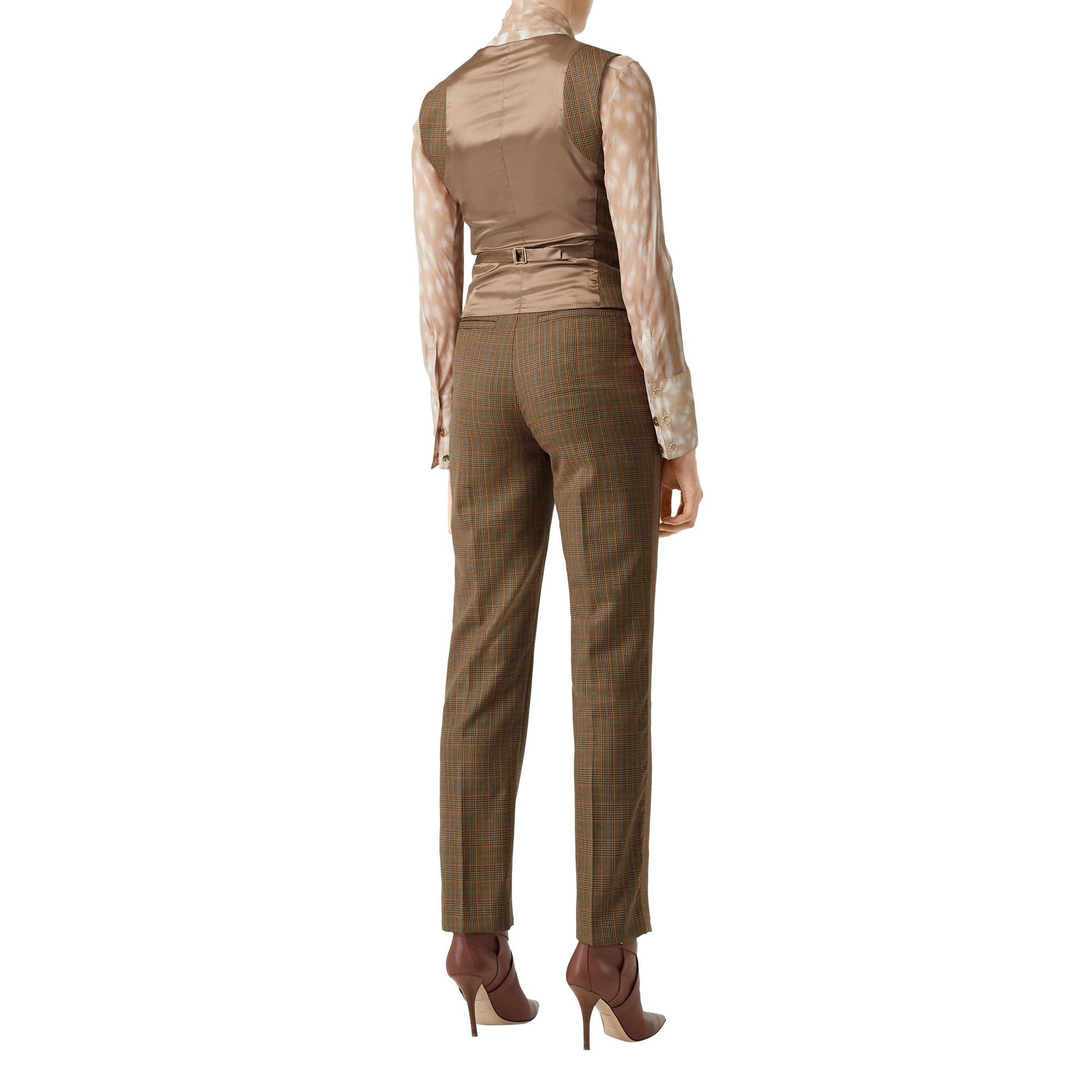 Pantalon de costume en laine check et pied-de-poule à rayures latérales - Fauve