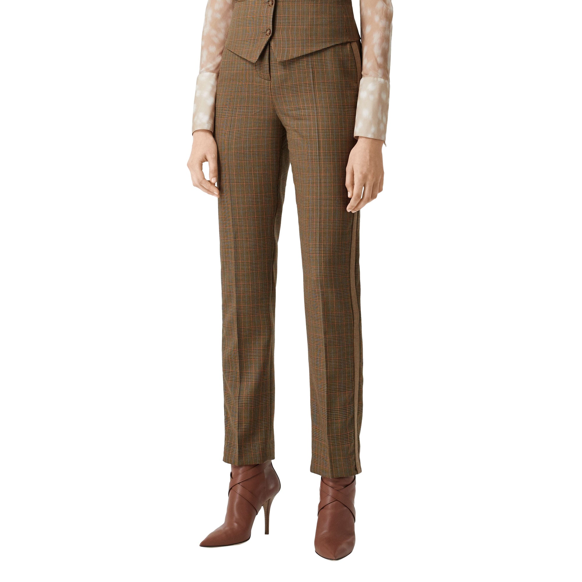 FAWN CHK Pantalon de costume en laine check et pied-de-poule à rayures latérales
