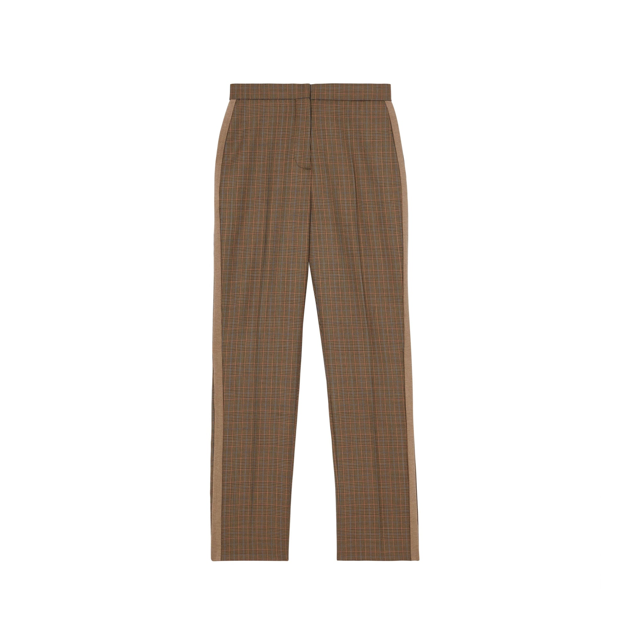 Pantalon de costume en laine check et pied-de-poule à rayures latérales - Fauve