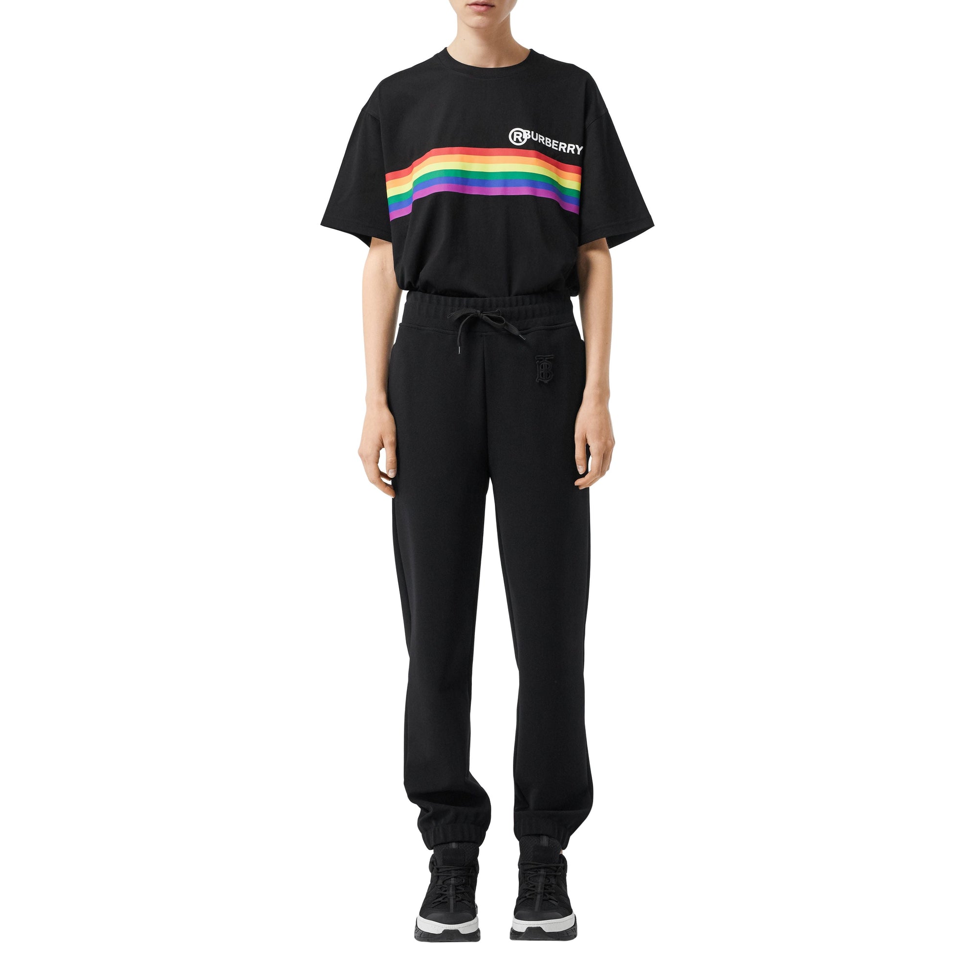 T-shirt oversize en coton avec bande arc-en-ciel - Noir